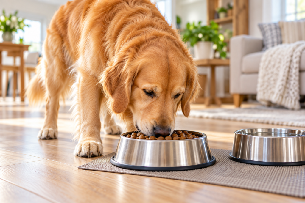 A imagem atual não possui texto alternativo. O nome do arquivo é: Golden-retriever-saboreando-racao-em-casa.png